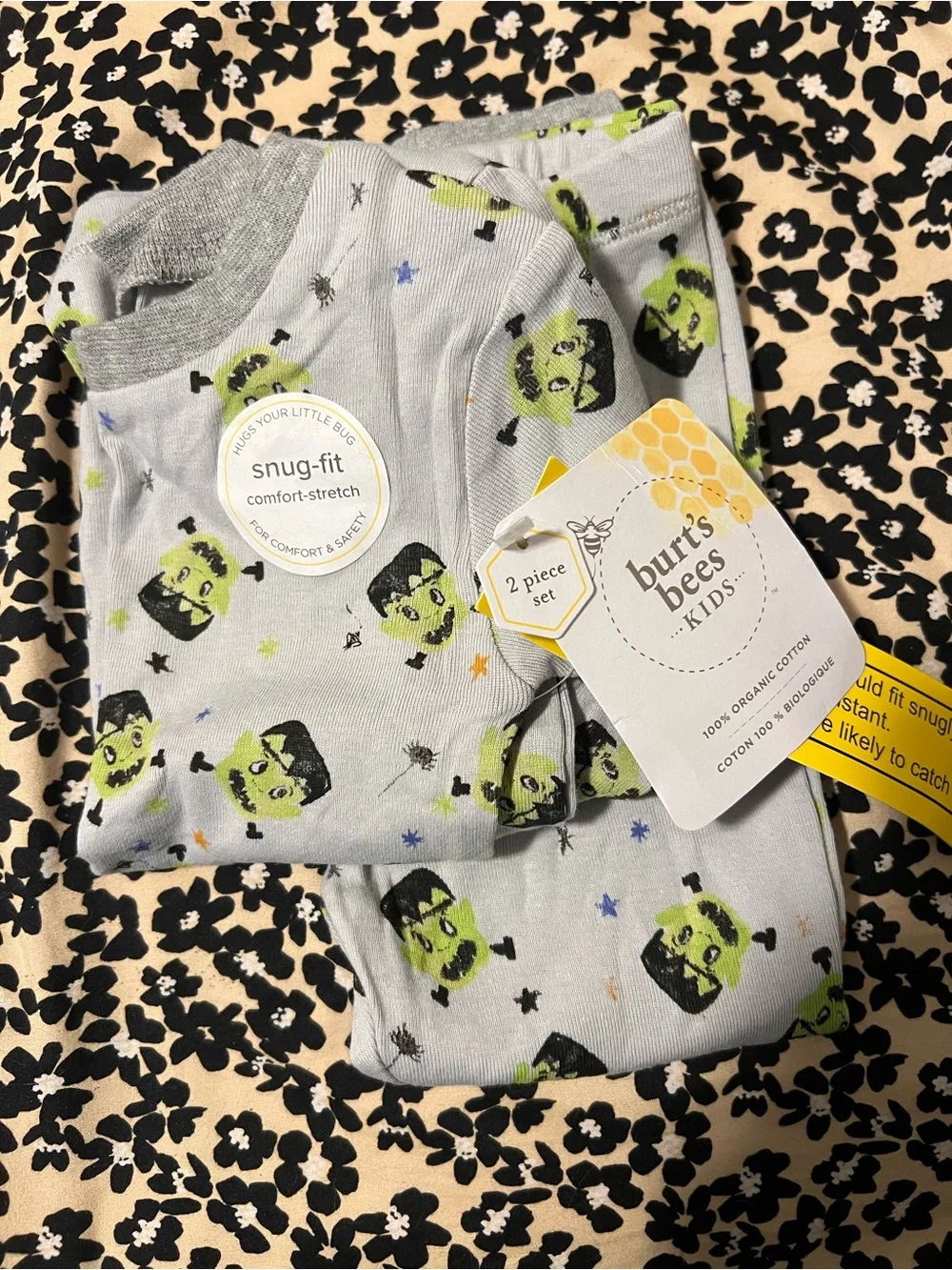 Burt's Bees Light Gray Frankenstein Print Snug-Fit Pajama Set